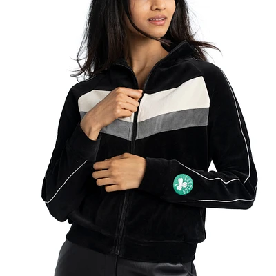 Veste de survêtement entièrement zippée Lusso Black Boston Celtics Nixie Chevron Color-Block Raglan pour femme