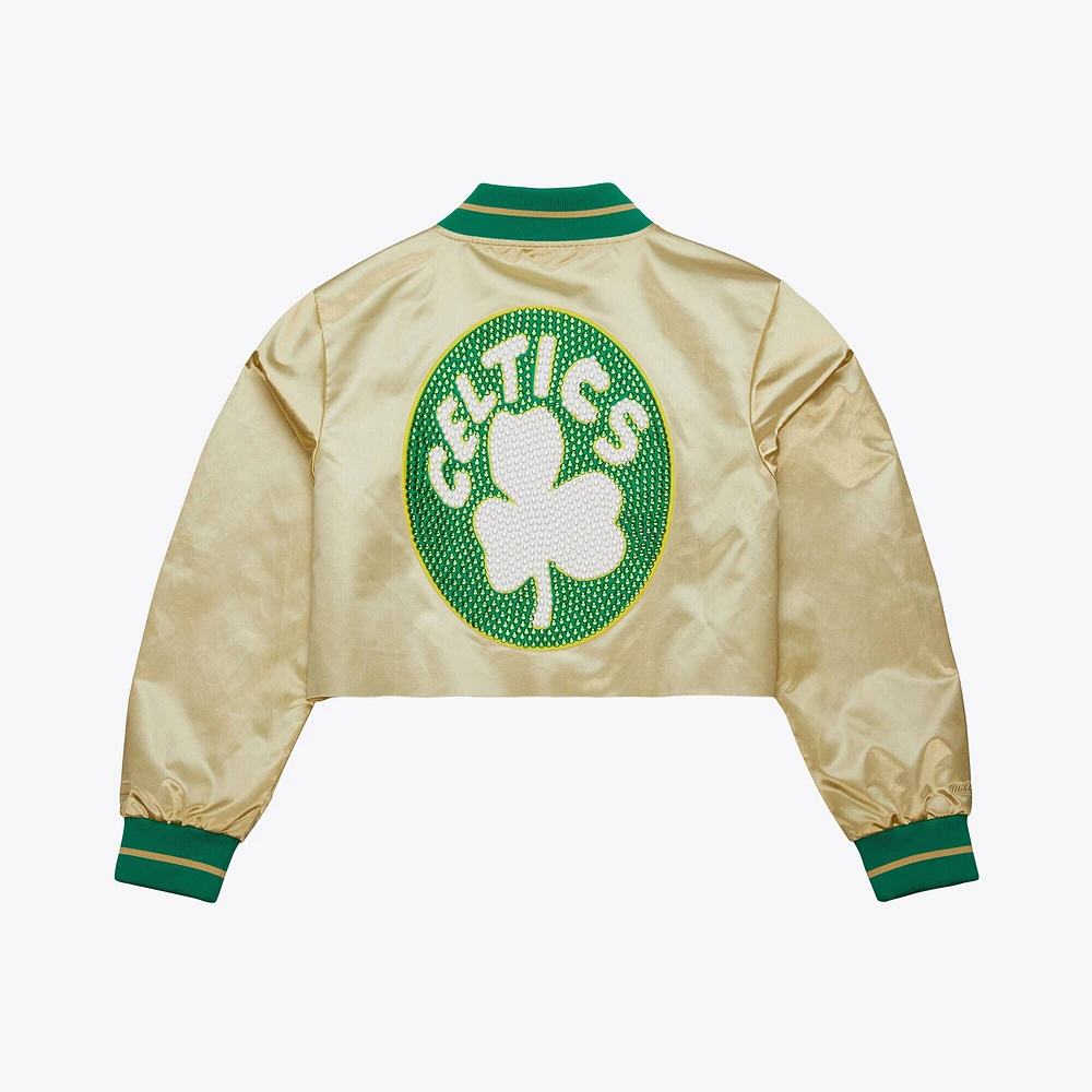 Women's Mitchell & Ness x DANNIJO Gold Boston Celtics Cropped Satin Full-Snap Jacket