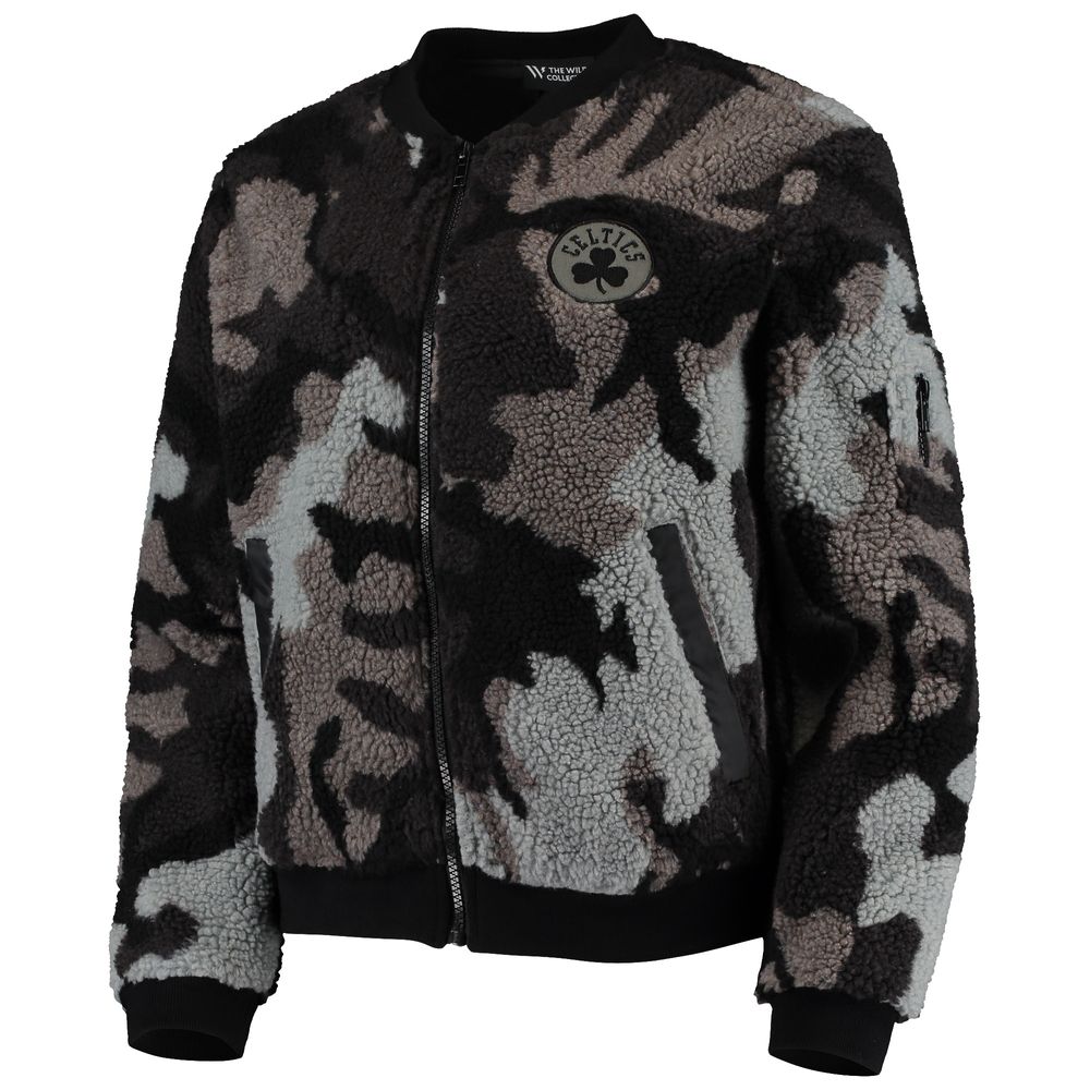 Women's The Wild Collective Black Boston Celtics Camo Sherpa Full-Zip Bomber Jacket