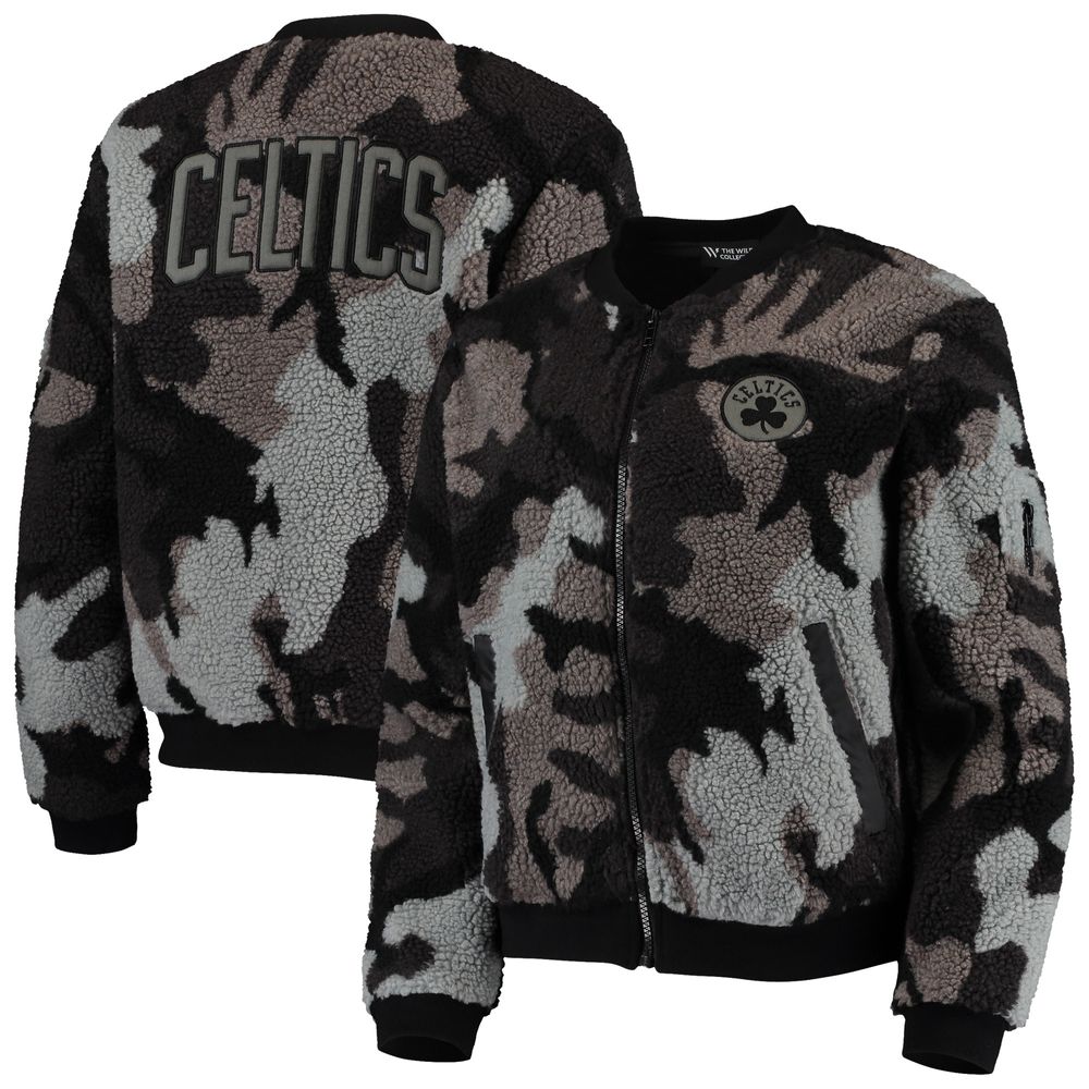 Women's The Wild Collective Black Boston Celtics Camo Sherpa Full-Zip Bomber Jacket