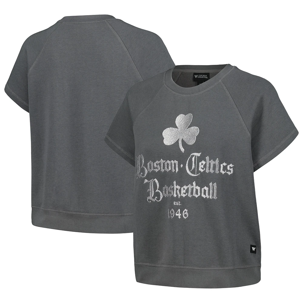 Women's The Wild Collective Gray Boston Celtics Embroidered Fleece Raglan Short Sleeve Pullover Sweatshirt