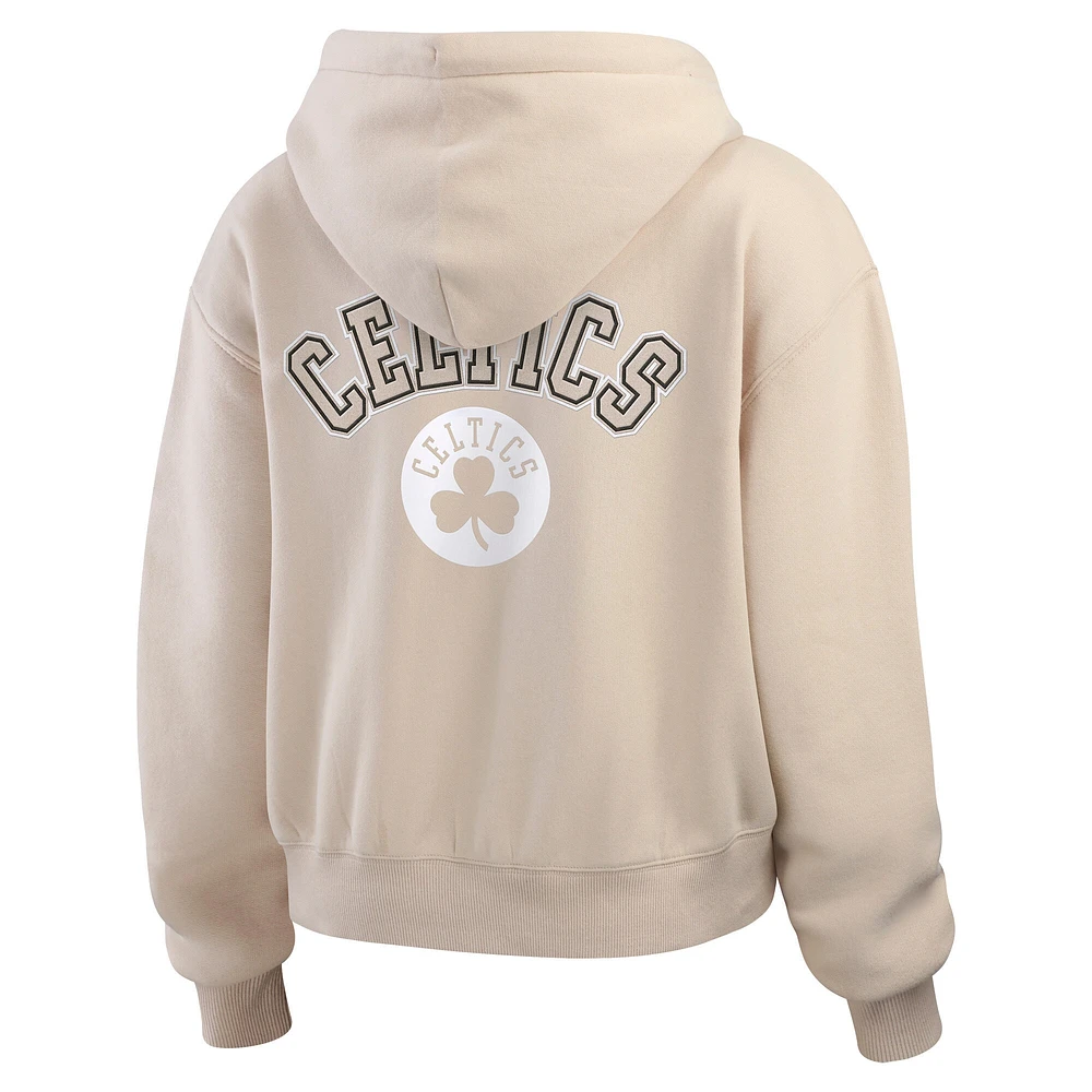 Women's WEAR by Erin Andrews Cream Boston Celtics Plus Tonal Felt Patch Full-Zip Hoodie