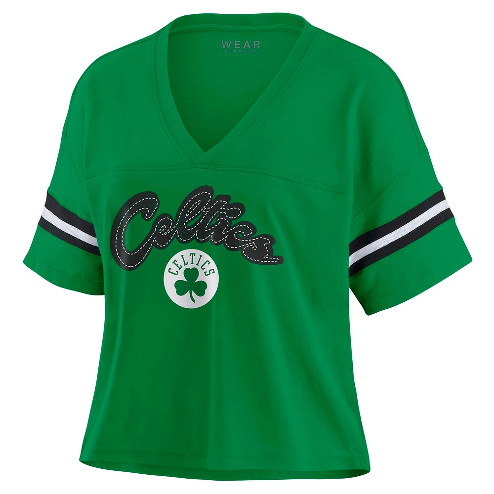 Women's WEAR by Erin Andrews Kelly Green Boston Celtics Color Block Boxy V-Neck T-Shirt