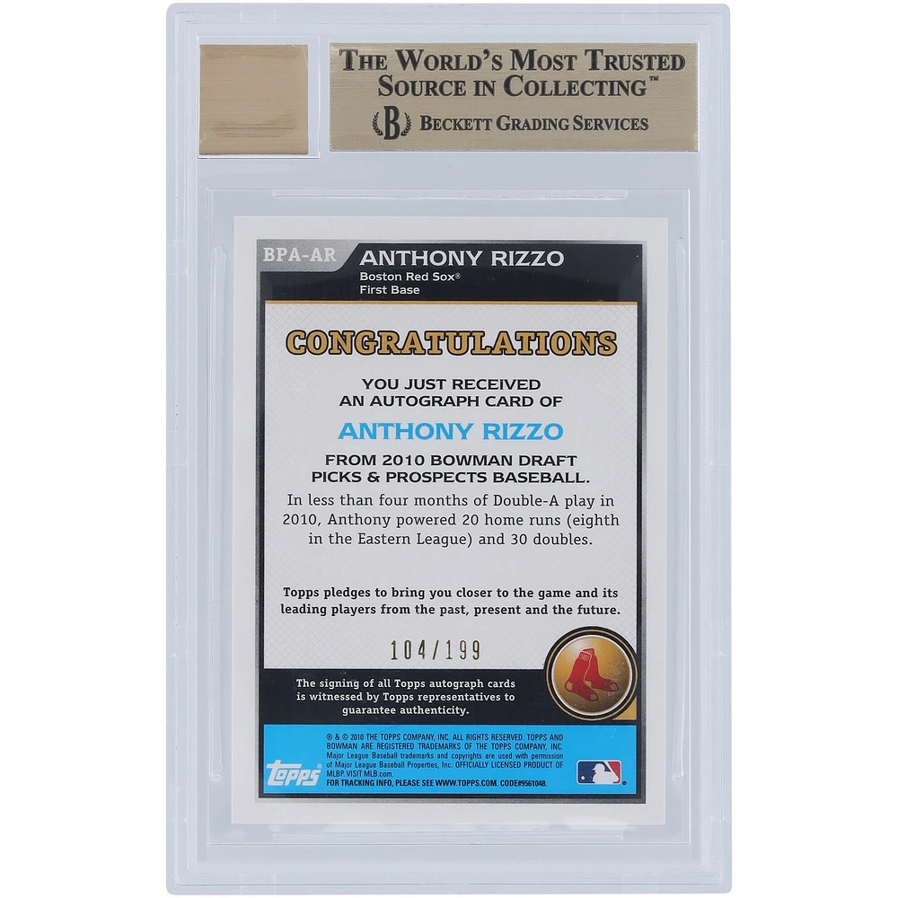 Anthony Rizzo Boston Red Sox Autographié 2010 Bowman Draft Bleu #BPA-AR #104/199 BGS Authentifié 9.5/10 Carte