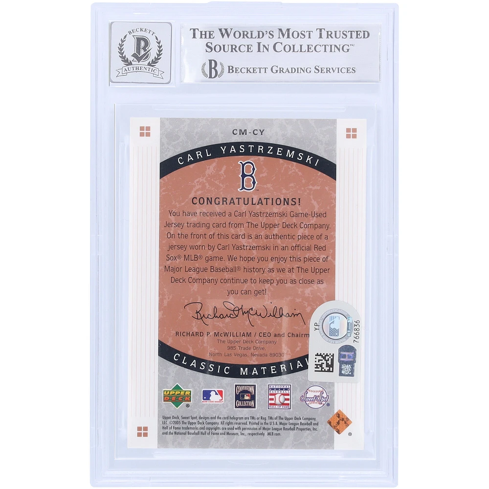V106832 RedSox Carl Yastrzemski Boston Red Sox Autographié 2005 Upper Deck Sweet Spot Classic Materials Jersey Relic #CM-CY Beckett Fanatics Witnessed Authenticated 9/10 Card Carl Yastrzemski AUT UPD TRADING CARDS 45646 AUTTRC CA01B00096 #1