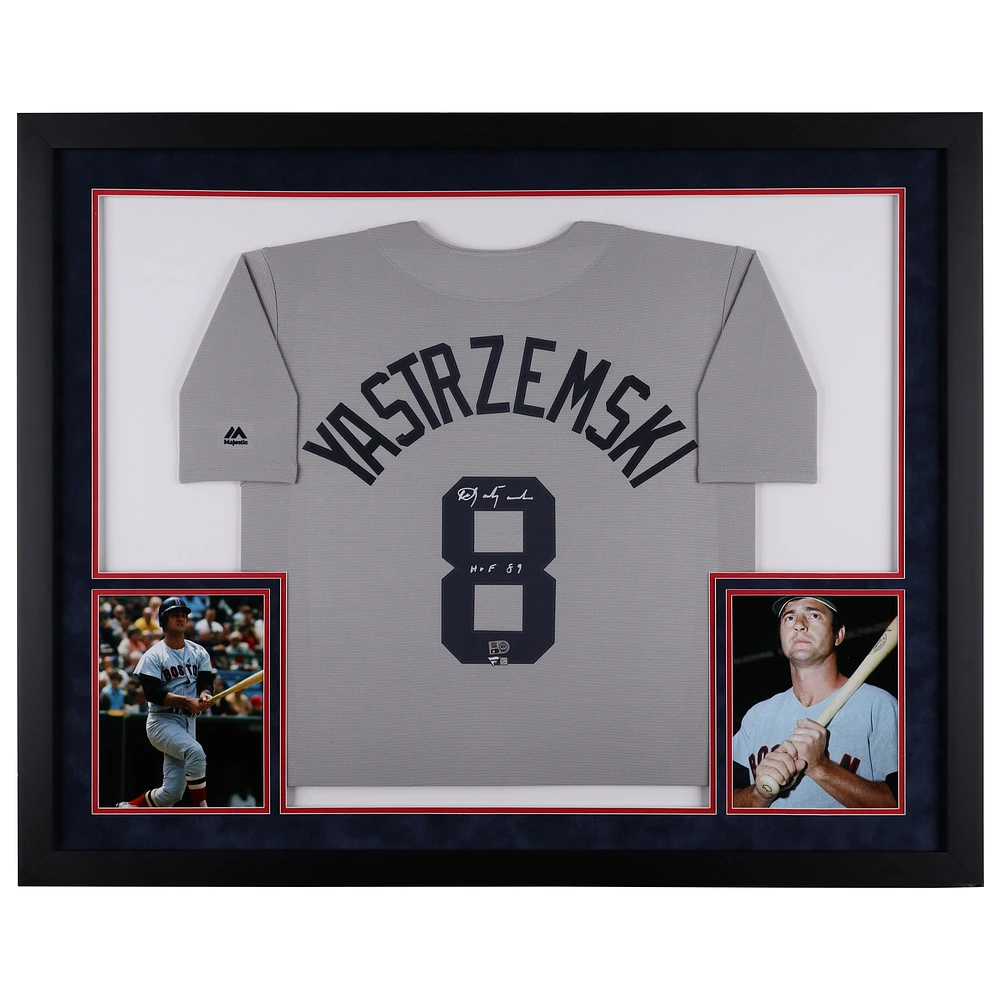 Maillot réplique Mitchell & Ness gris encadré de luxe autographié par Carl Yastrzemski des Boston Red Sox avec inscription « HOF 89 »
