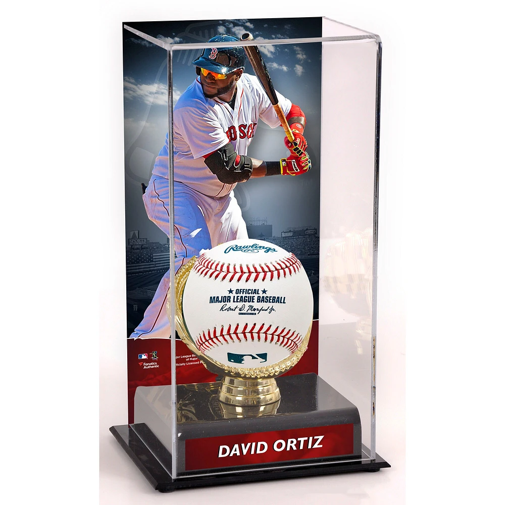 Vitrine de présentation des gants dorés des Boston Red Sox de David Ortiz avec image