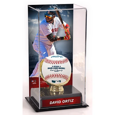 Vitrine de présentation des gants dorés des Boston Red Sox de David Ortiz avec image