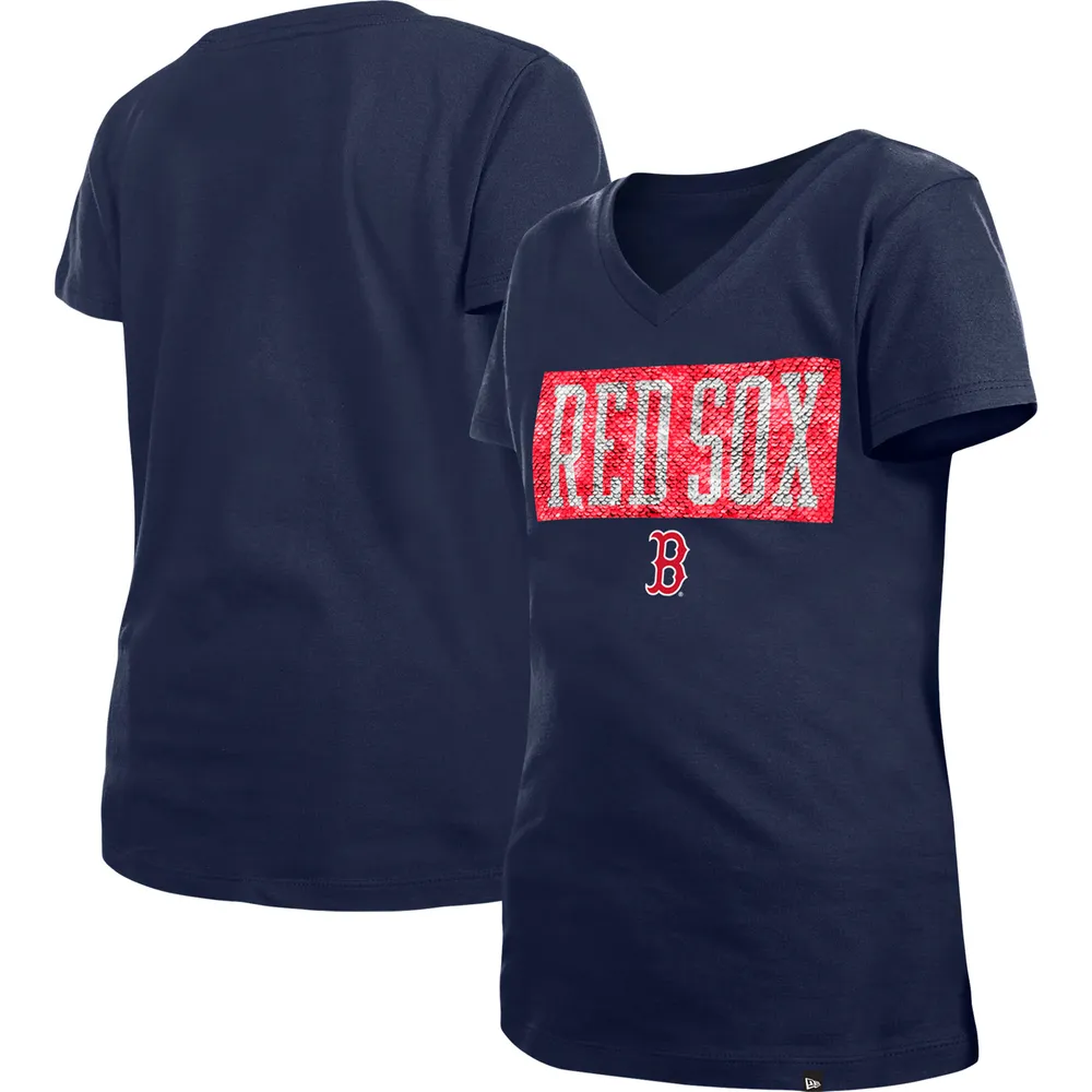 T-shirt à encolure en V pour fille New Era bleu marine Boston Red Sox Flip Sequin Team