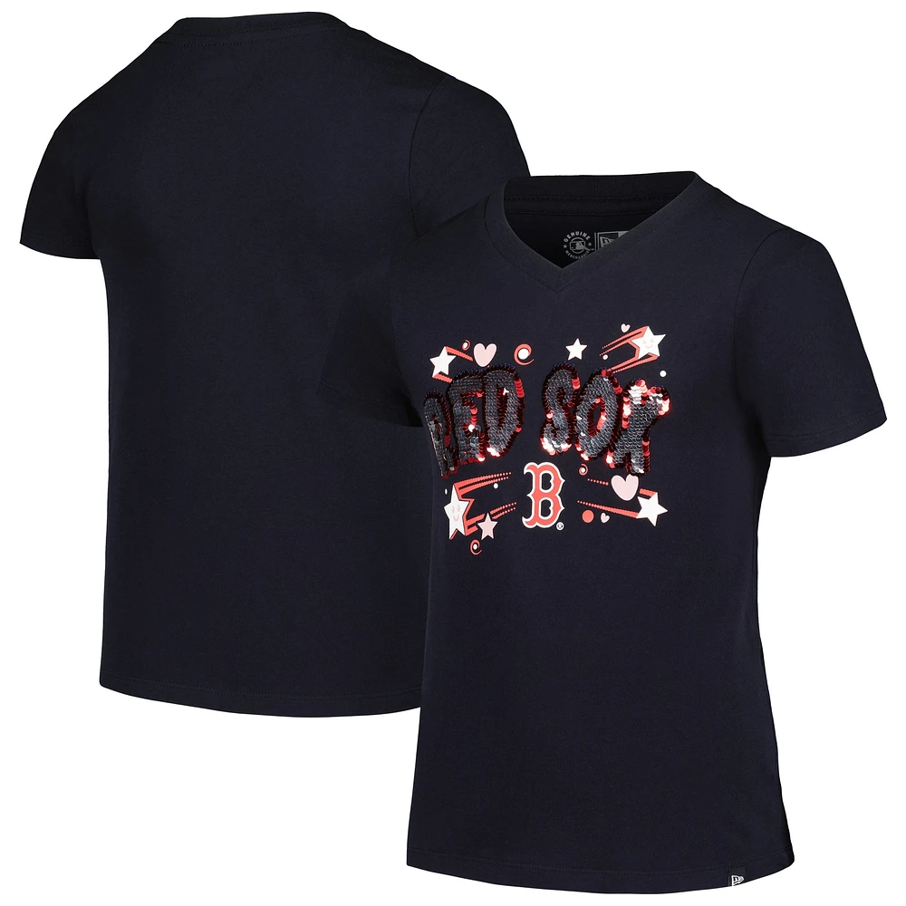 T-shirt à sequins New Era pour jeunes filles, bleu marine, Boston Red Sox, col en V