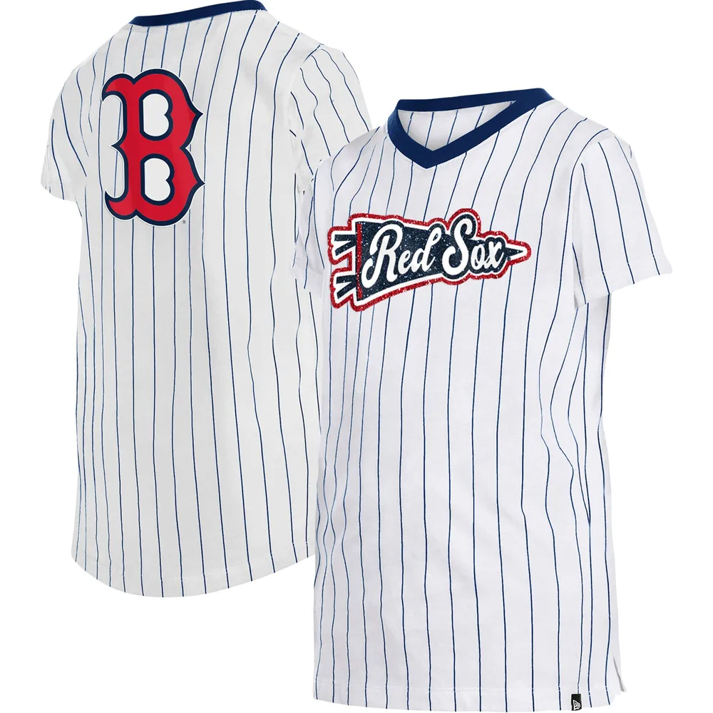 New Era Girls Boston Red Sox White Pinstripe V-Neck T-Shirt