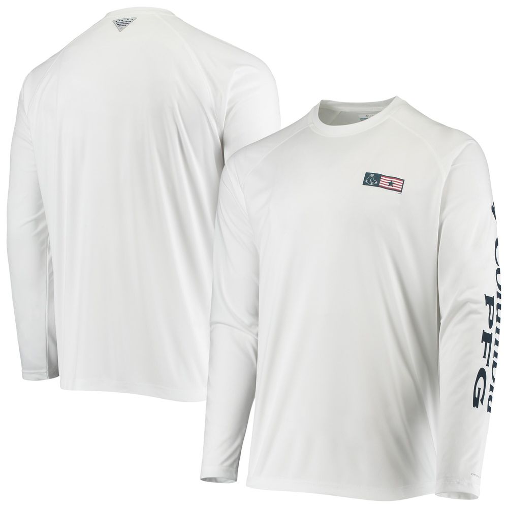 Men's Columbia White Boston Red Sox Americana Terminal Tackle Omni-Shade Raglan Long Sleeve T-Shirt