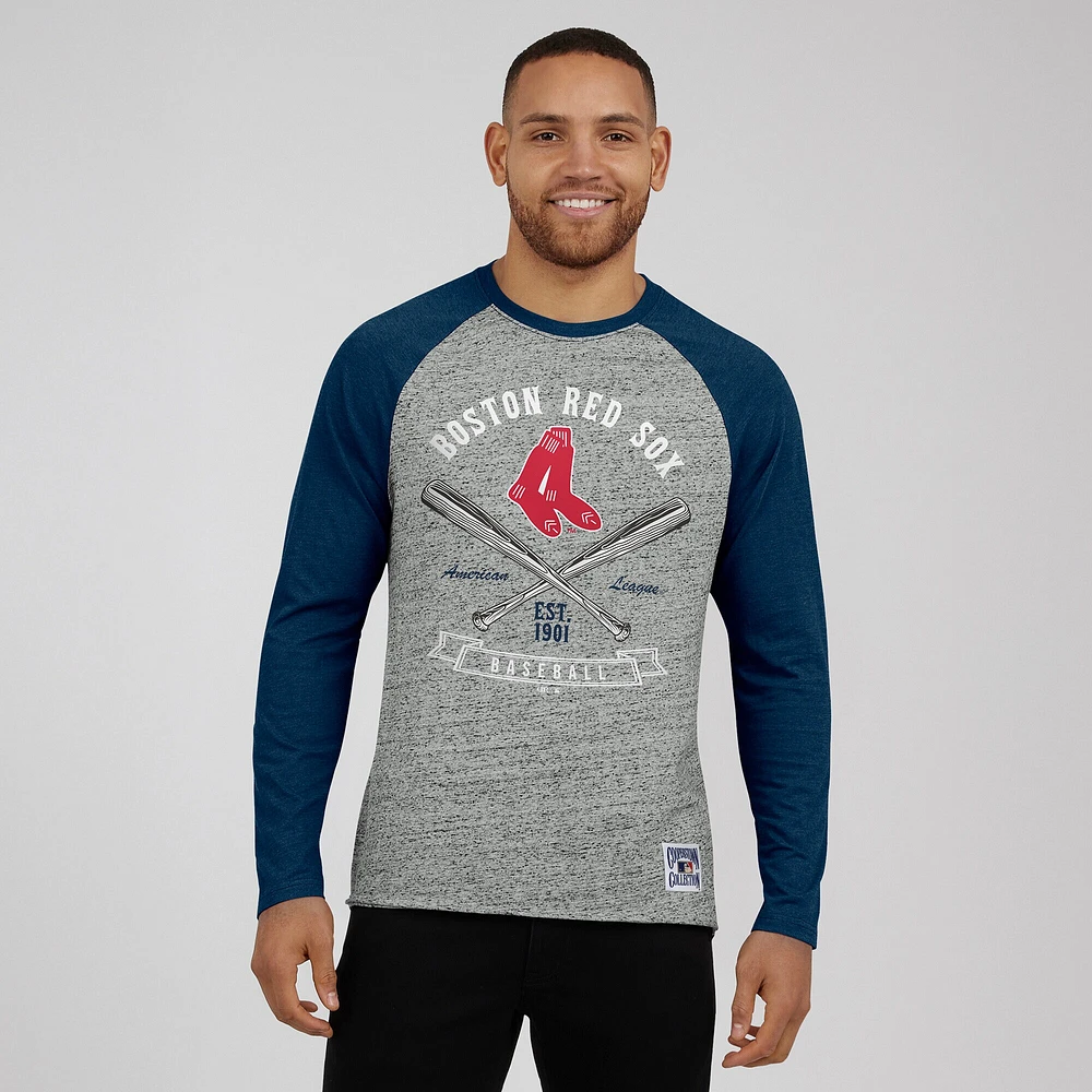 T-shirt de baseball à manches longues raglan pour homme, collection Darius Rucker par Fanatics, gris chiné, Boston Red Sox, bords bruts