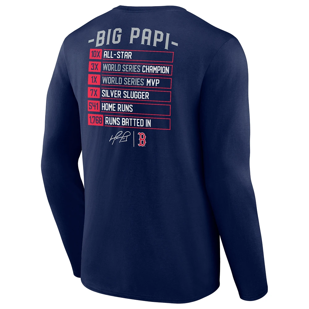 Fanatics pour hommes David Ortiz Navy Boston Red Sox Stats Resume T-shirt à manches longues