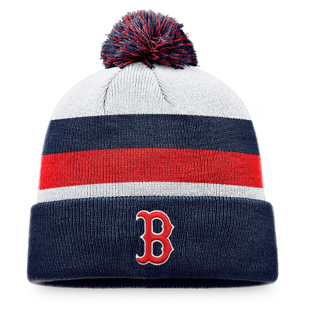 Bonnet en tricot à revers à rayures Boston Red Sox Fanatics pour hommes avec pompon