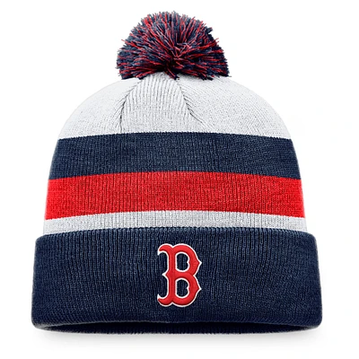 Bonnet en tricot à revers à rayures Boston Red Sox Fanatics pour hommes avec pompon