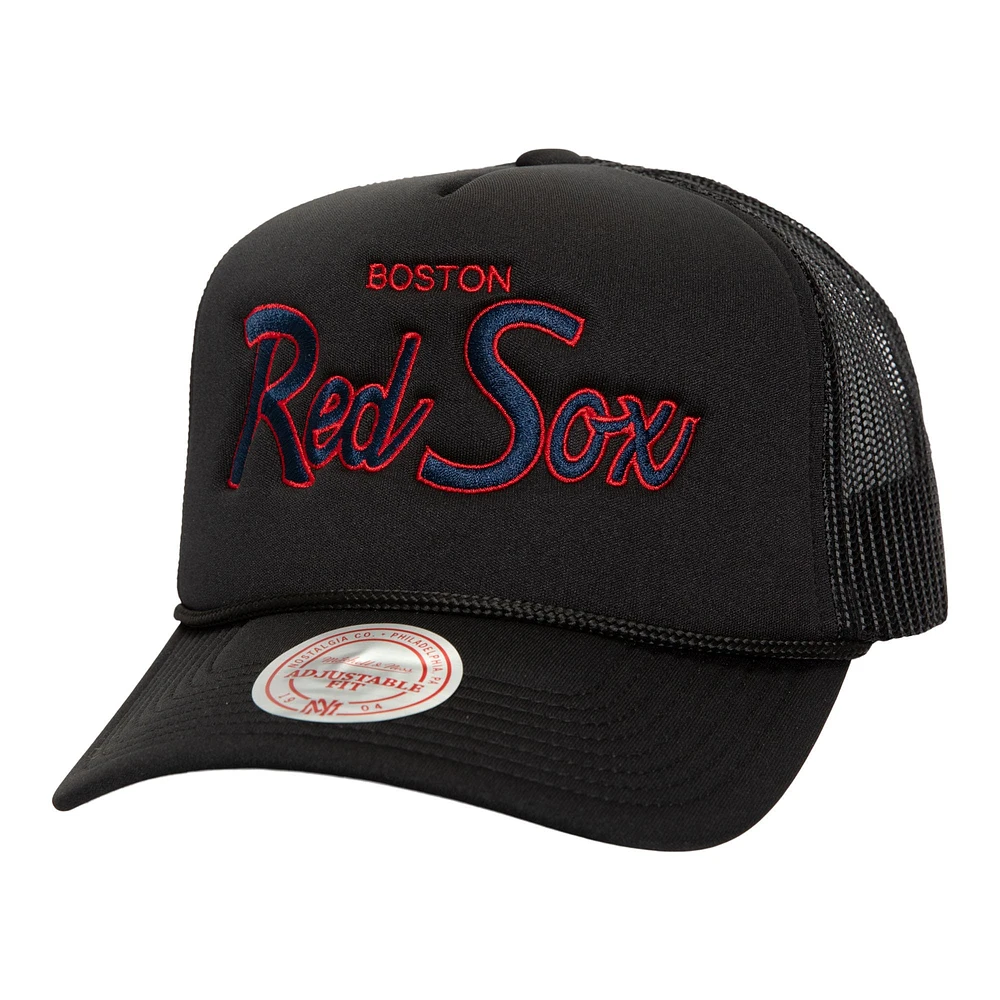 Men's Mitchell & Ness Black Boston Red Sox Script Trucker Adjustable Hat