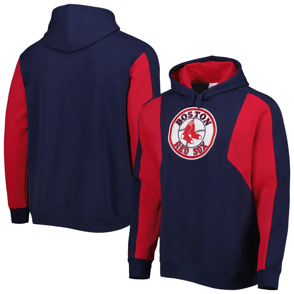 Men's Mitchell & Ness Navy/Red Boston Red Sox Colorblocked Fleece Pullover Hoodie