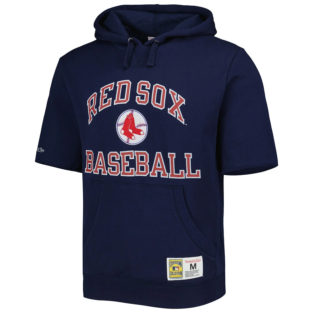 Men's Mitchell & Ness Navy Boston Red Sox Cooperstown Collection Washed Fleece Pullover Short Sleeve Hoodie