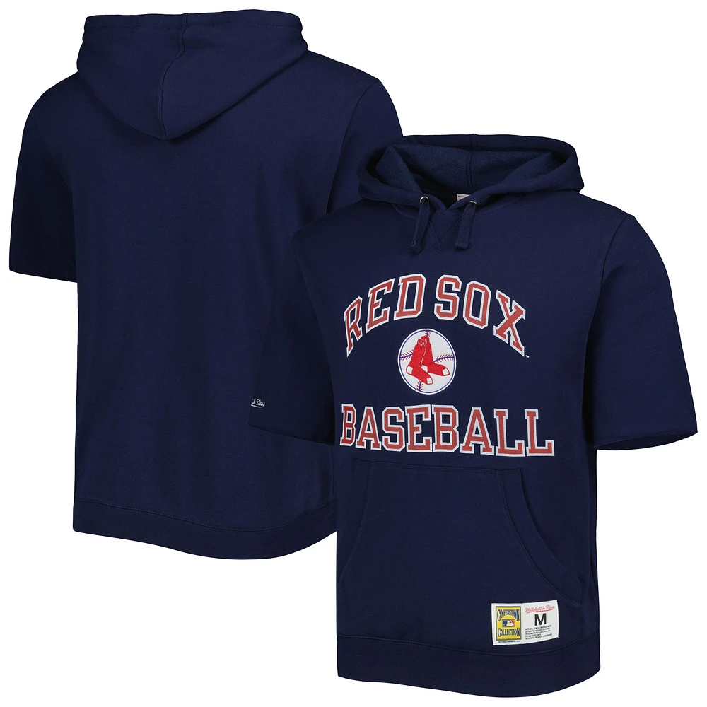 Men's Mitchell & Ness Navy Boston Red Sox Cooperstown Collection Washed Fleece Pullover Short Sleeve Hoodie