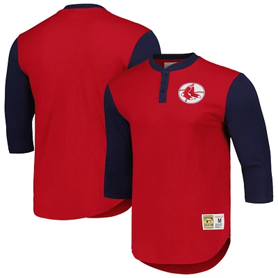 T-shirt à manches 3/4 Henley flammé légendaire de la collection Cooperstown des Red Sox Boston Mitchell & Ness pour homme, rouge