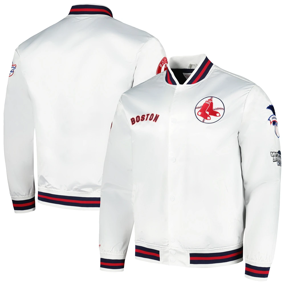 Men's Mitchell & Ness White Boston Red Sox City Collection Satin Full-Snap Varsity Jacket