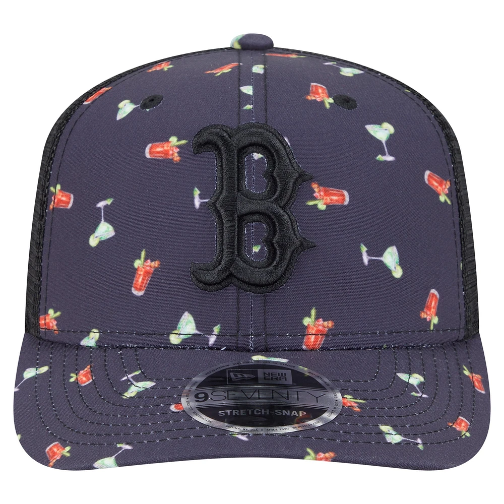 Men's New Era Black Boston Red Sox Adventure Drinks Pattern 9SEVENTY Stretch-Snap Hat