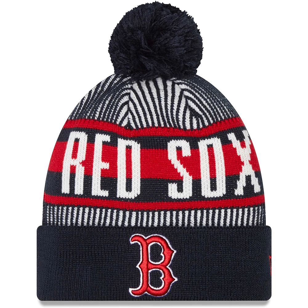 Men's New Era Navy Boston Red Sox Striped Cuffed Knit Hat with Pom