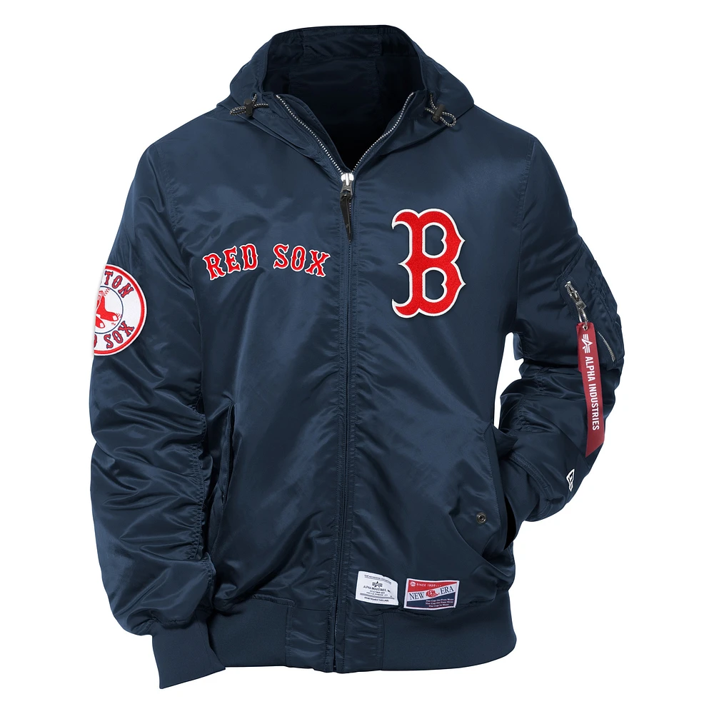 Men's New Era x Alpha Industries Navy Boston Red Sox Current Day Full-Zip Hooded Nylon Bomber Jacket