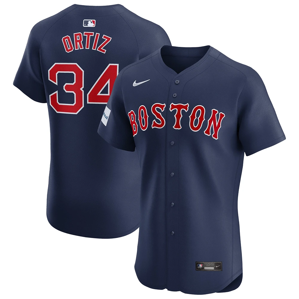 Maillot de joueur Nike David Ortiz bleu marine Boston Red Sox Alternate Elite Sponsor Patch pour homme