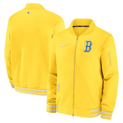 Veste à fermeture éclair intégrale Game Time Bomber Nike Gold Boston Red Sox City Connect Authentic Collection pour homme