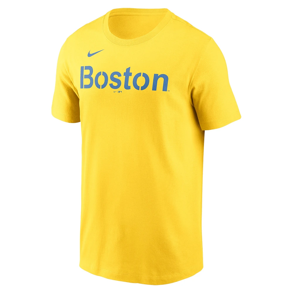 T-shirt Nike doré pour hommes des Red Sox de Boston City Connect avec le mot-symbole