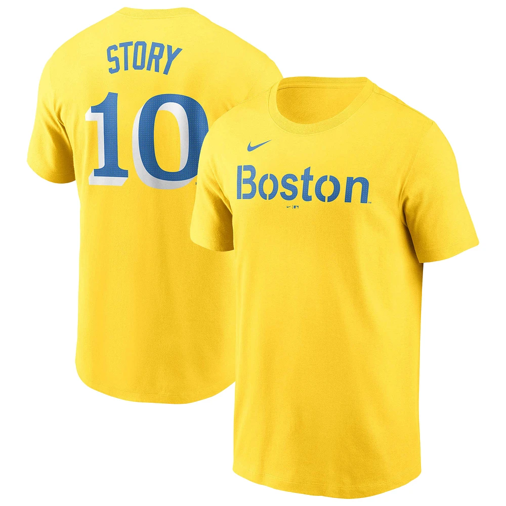 T-shirt Nike Trevor Story Gold Boston Red Sox City Connect Fuse avec nom et numéro pour homme