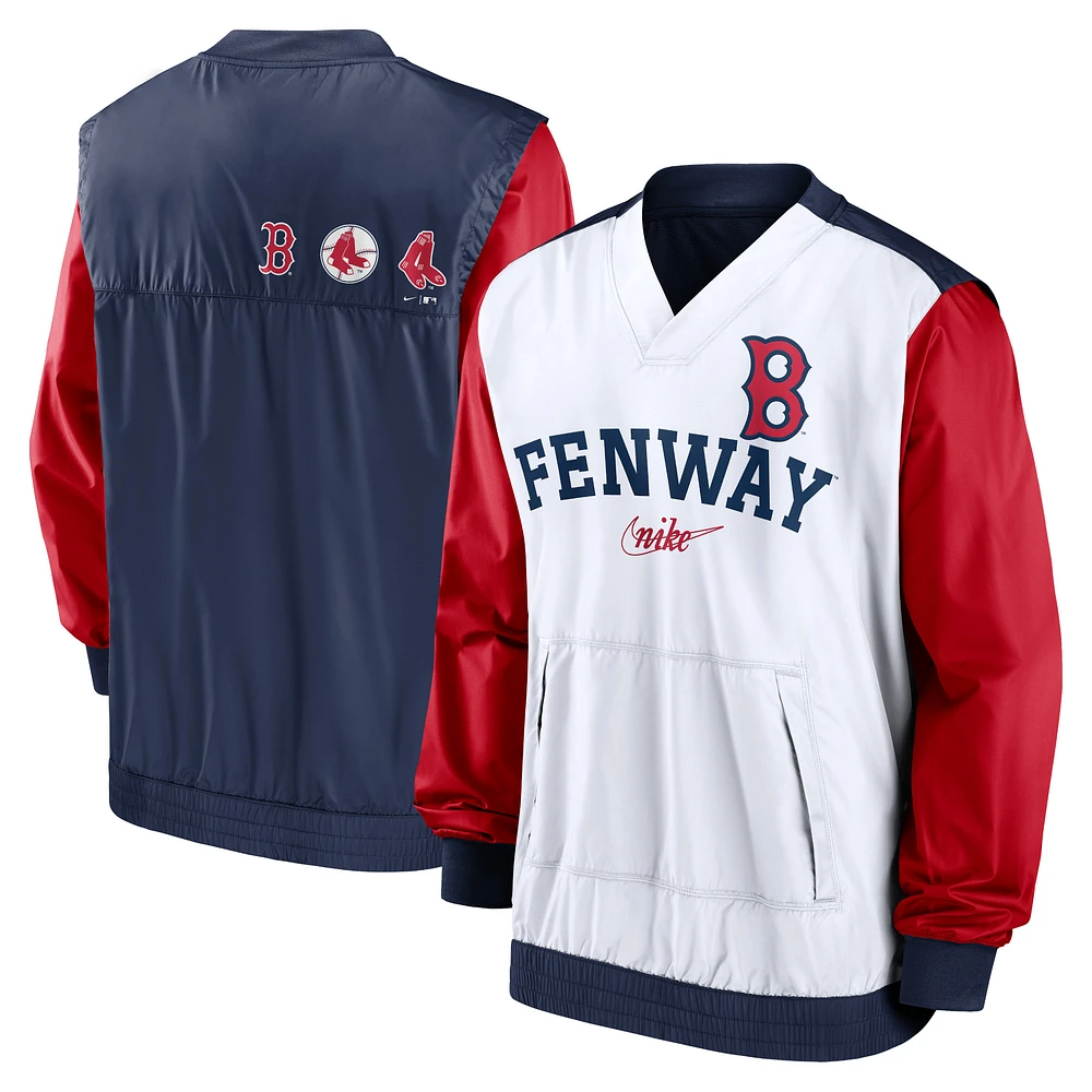 Veste à enfiler col en V Nike pour hommes, blanc/bleu marine, Boston Red Sox Rewind Warmup