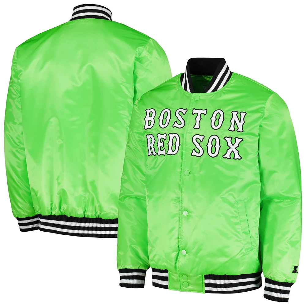 Men's Starter Neon Green Boston Red Sox Cross Bronx Fashion Satin Full-Snap Varsity Jacket