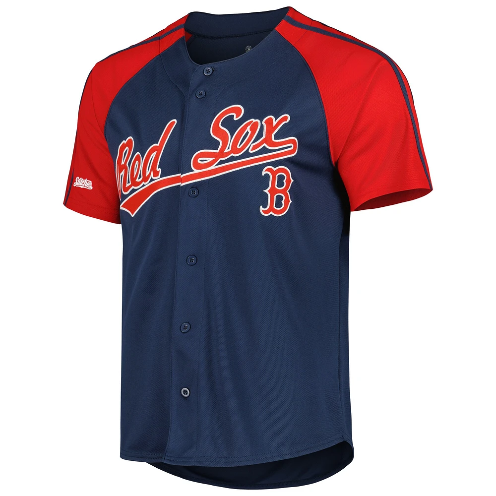 Maillot Boston Red Sox à manches raglan boutonnées pour homme, bleu marine