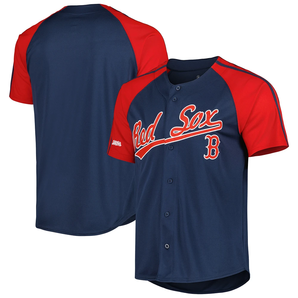 Maillot Boston Red Sox à manches raglan boutonnées pour homme, bleu marine