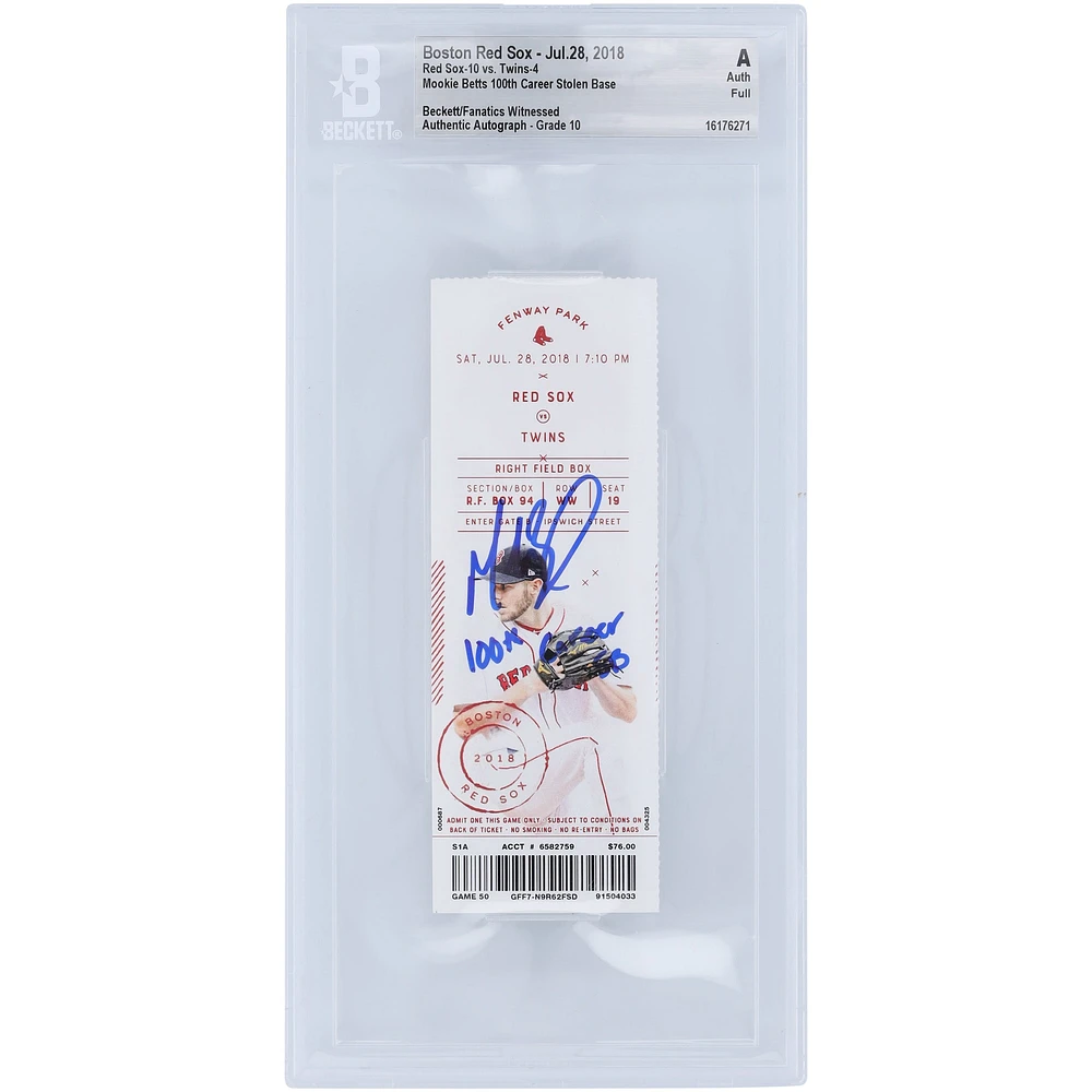 Mookie Betts Boston Red Sox Autographed Ticket 100th Career Stolen Base Game with "100th Career SB" Inscription - BAS Authenticated Graded 10