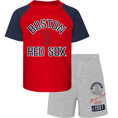 Ensemble t-shirt et short raglan Groundout Baller rouge/gris chiné Boston Red Sox préscolaire