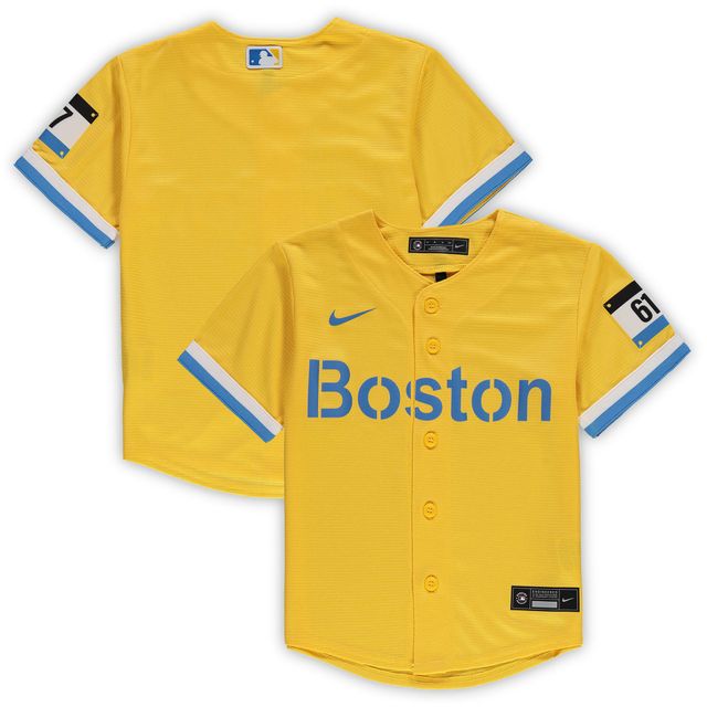 Maillot d'équipe réplique Nike des Red Sox de Boston MLB City Connect doré pour enfants d'âge préscolaire