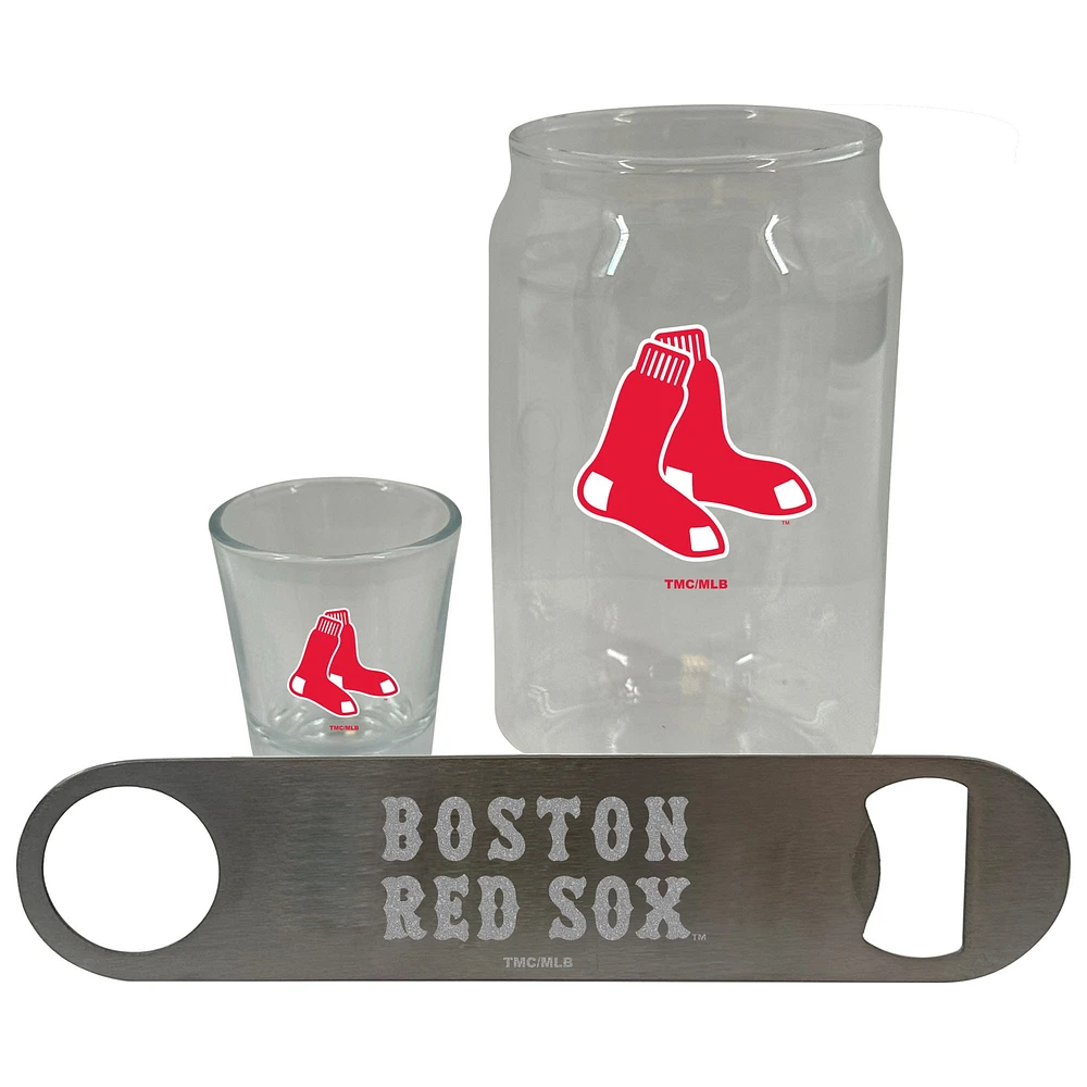 Lot de trois verres à bière Boston Red Sox de The Memory Company, 2 oz. Ensemble verre à liqueur et décapsuleur