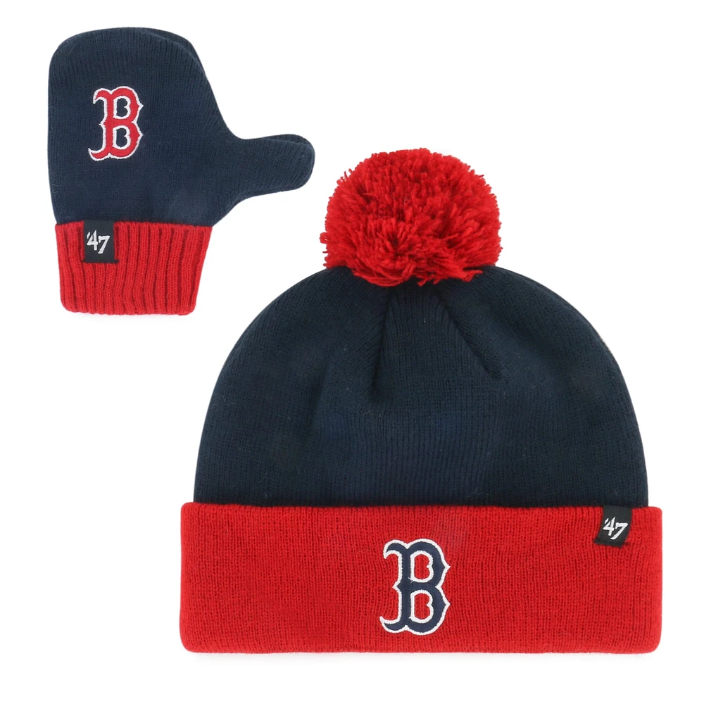 Ensemble bonnet à revers Bam Bam en tricot bleu marine '47 Boston Red Sox avec pompon et moufles pour tout-petit