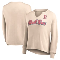 Women's Fanatics Cream Boston Red Sox Go For It Waffle Knit Long Sleeve Notch Neck T-Shirt