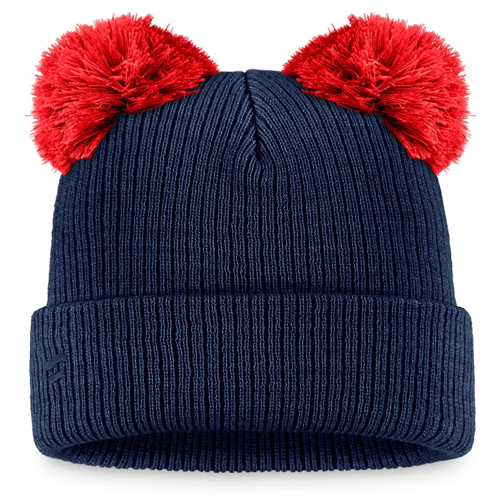 Bonnet en tricot à revers à double pompon Fanatics pour femmes, bleu marine/rouge, Boston Red Sox