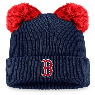 Bonnet en tricot à revers à double pompon Fanatics pour femmes, bleu marine/rouge, Boston Red Sox