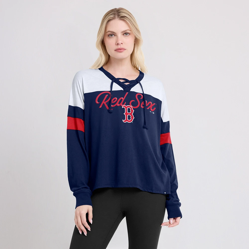 T-shirt Fanatics pour femmes, bleu marine/blanc, Boston Red Sox, Even Match, à lacets, manches longues, col en V