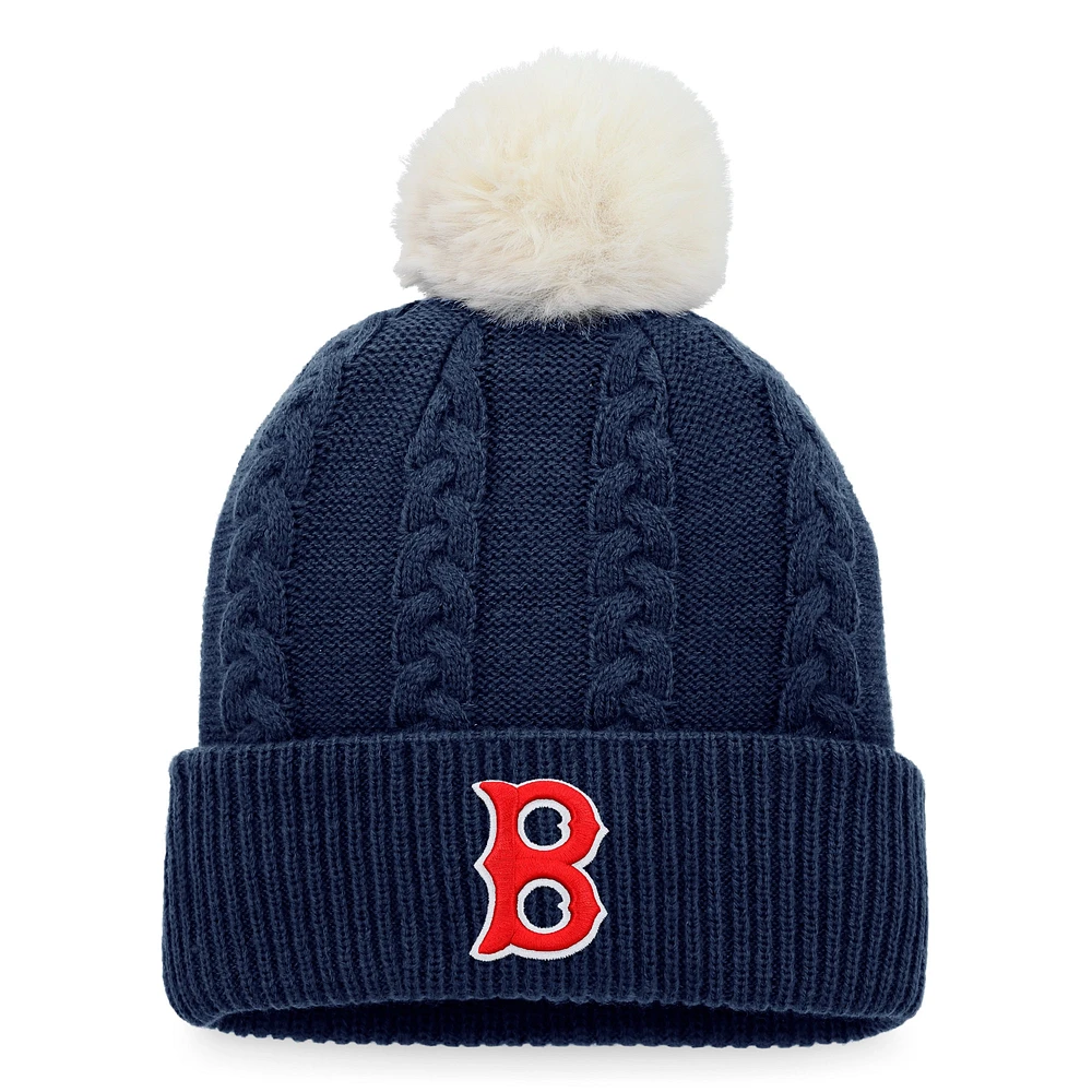 Bonnet en tricot à revers torsadé Fanatics pour femmes, bleu marine, Boston Red Sox, avec pompon