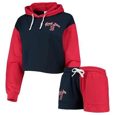 Boston Red Sox FOCO Women's Color-Block Pullover Hoodie & Shorts Lounge Set - Navy/Red