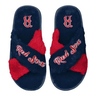 Boston Red Sox FOCO Women's Two-Tone Crossover Faux Fur Slide Slippers - Navy