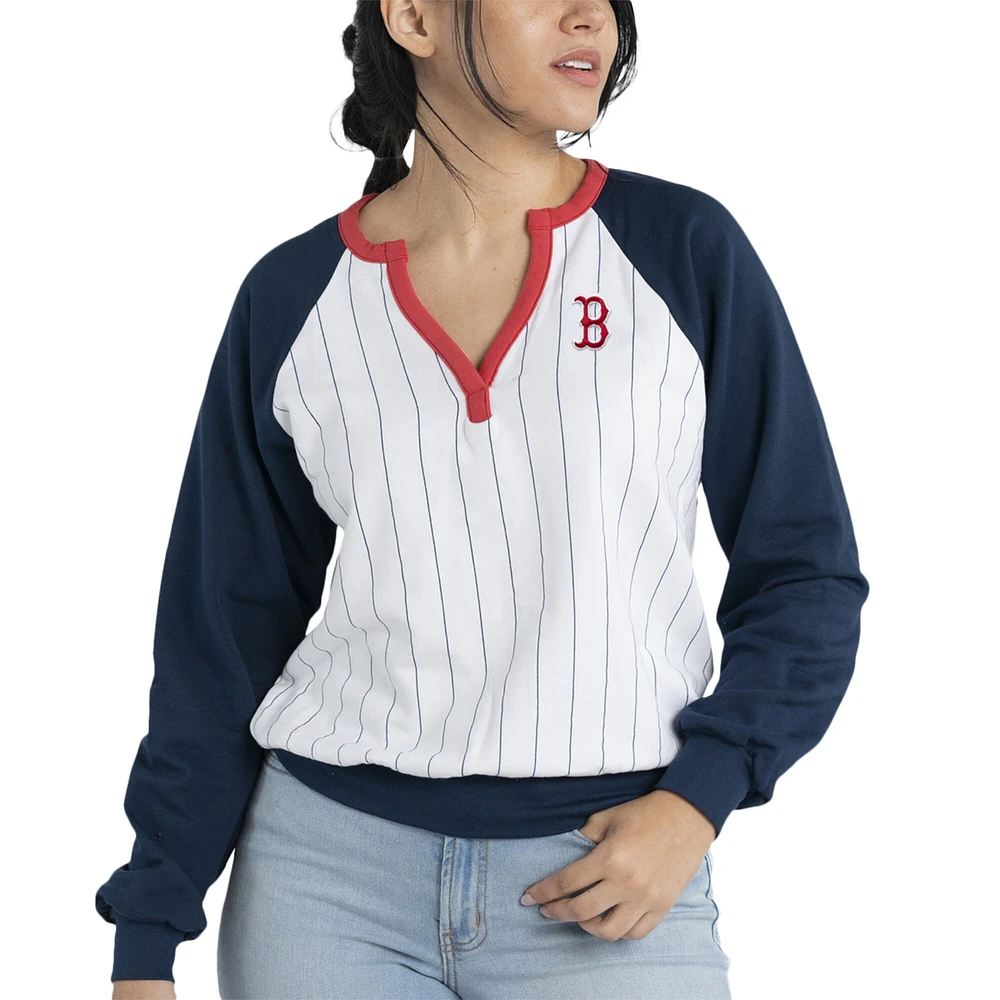 Haut pull en polaire à col V Lusso blanc/marine Boston Red Sox Mack pour femmes